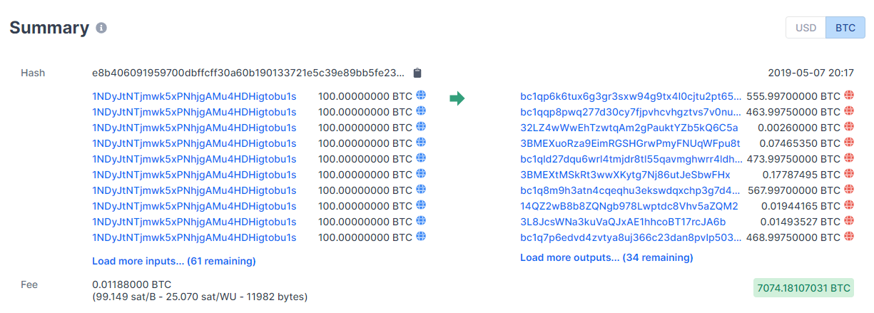 Die Bitcoin Transaktion, die 7074 Bitcoin vom Binance Hot-Wallet entwendete.