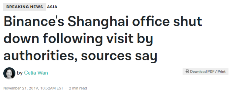 Newsseite The Block berichtet, dass Binance Büros in Shanghai von den Behörden geschlossen würden.