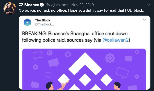 Der CEO “CZ” dementiert The Blocks Nachricht auf Twitter.